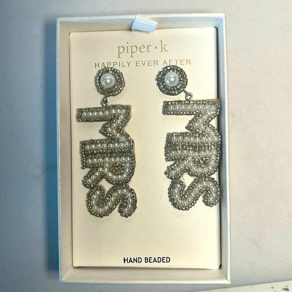 Piper White Pearl 'Mrs' Hand-Beaded Drop Earrings